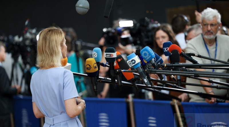 Kaja Kallas face aux micros, le 23 juin 2025 à Bruxelles. (Consilium)